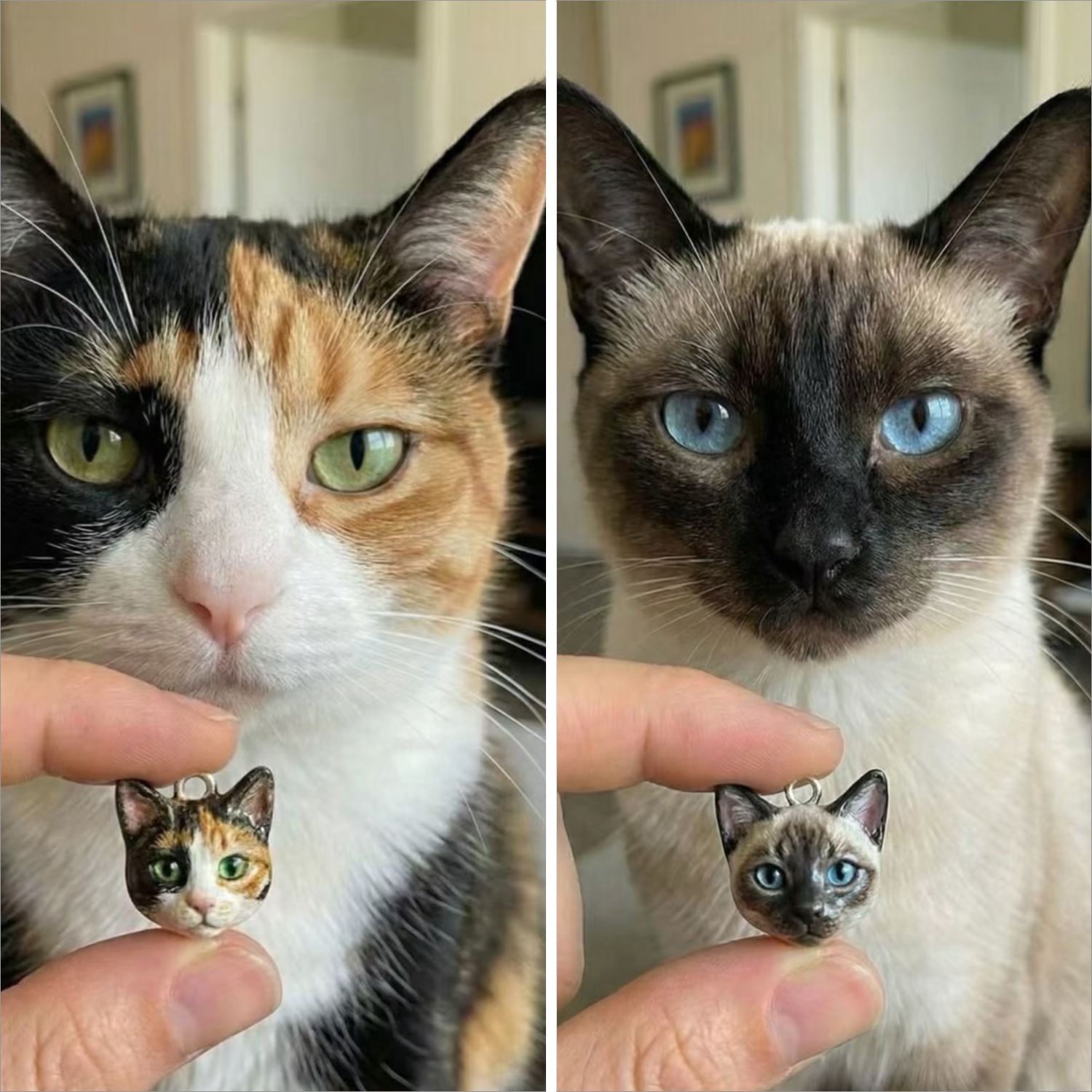 A custom 3D pet pendant necklace resting on a wooden surface, the pendant showing a sculpted dog face with detailed eyes and ears — small, intimate, real
