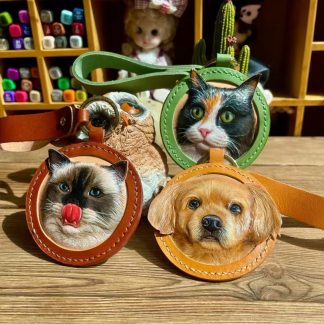 Handmade Leather Pet Portrait Keychain - Custom Dog or Cat Face Charm, Pet Memorial Gift