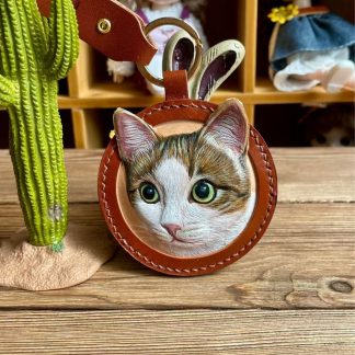 Handmade Leather Pet Portrait Keychain - Custom Dog or Cat Face Charm, Pet Memorial Gift